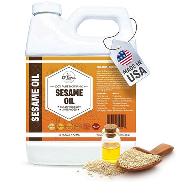 ORGANIC SESAME OIL (16 oz) Premium Cold Pressed Unrefined | 100% Pure Sesame Oil for Skin, Face, Hair, Soap Making | Carrier for Essential Oils | Available in Bulk | 16 FL OZ
