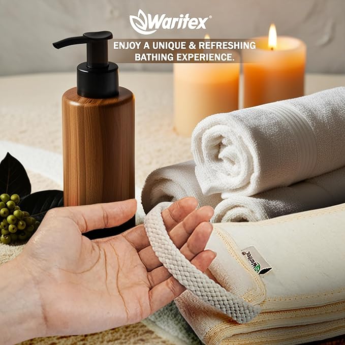 Waritex Natural Egyptian Loofah Back Scrubber for Shower, Extra-Long Exfoliating Strap Made with Natural Egyptian Loofah Fibers, Deep Cleaning Body Sponge for Men and Women – Soft Cotton Handles