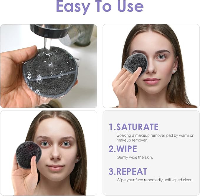 SUNLAND Reusable Makeup Remover Pads for Face,Eye,Lips 16 Pack Microfiber Face Cleansing Gloves Washable with Laundry Bag and Travel Bag Rounds Toner Pads (Round 3.15inchx16, Dark Grey)