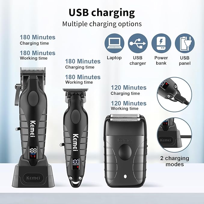 KEMEI Professional Hair Clippers for Men, Cordless Barber Clippers Set and Trimmers Kit, Rechargeable Electric Foil Shaver & Beard Trimmer, Men's Facial Grooming, Hair Cutting Tools, Gifts for Men