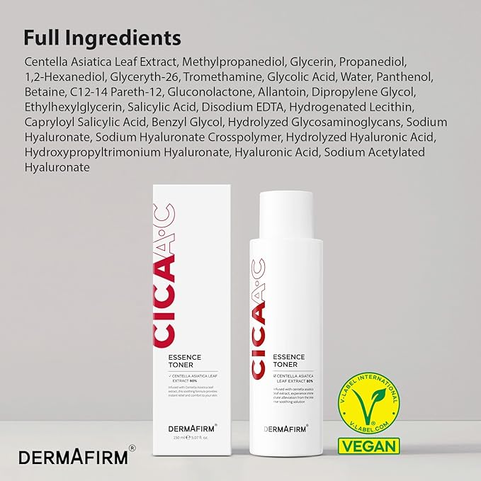 DERMAFIRM CICA AC Essence Toner 5.07 fl oz – Exfoliating with AHA BHA & Salicylic Acid, Centella Asiatica Soothing Toner for Sensitive, Oily & Dry Skin – K-Beauty Facial Toner for Pore Minimizer