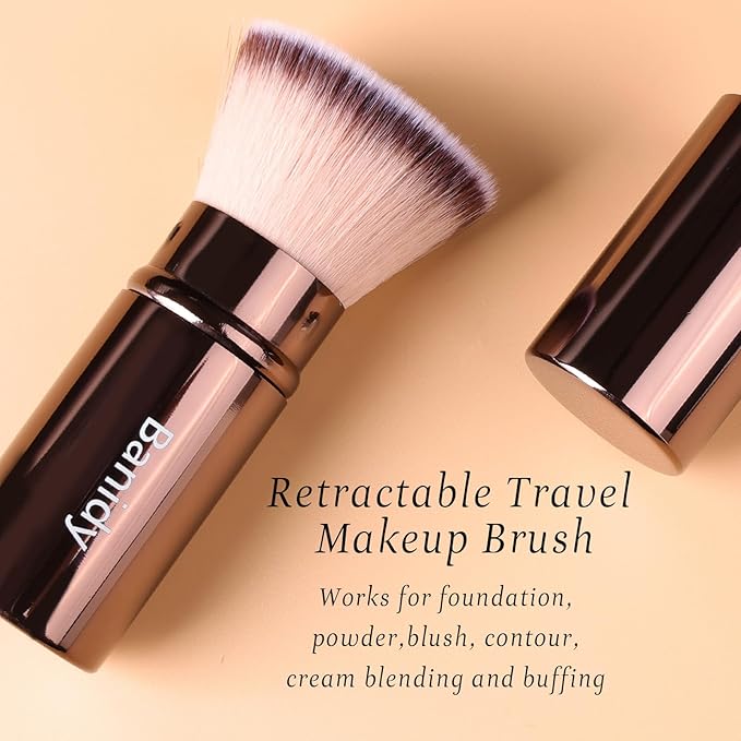 Makeup Brush Kabuki Face Brushes Retractable Travel Blush Brush Portable Flawless for Foundation, Powder Blush, Bronzer, Buffing, Liquid, Cream, Cruelty Free with Cover(Flat-Head)