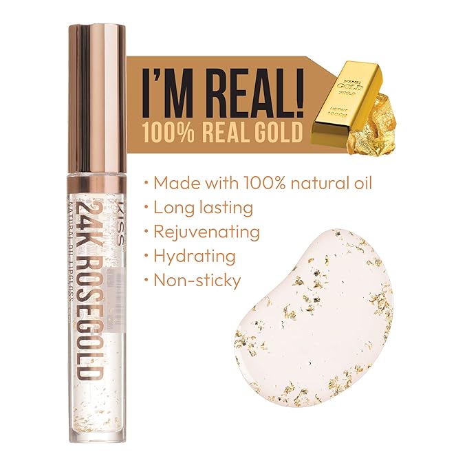 KISS New York 3 PACK Lip Oil Gloss, Hydrating Non-Sticky Lip Oil, 100% Natural Oil, Lightweight, Moisturizing, Nourishing (Rosegold & Cocoa Butter & Vitamin E)
