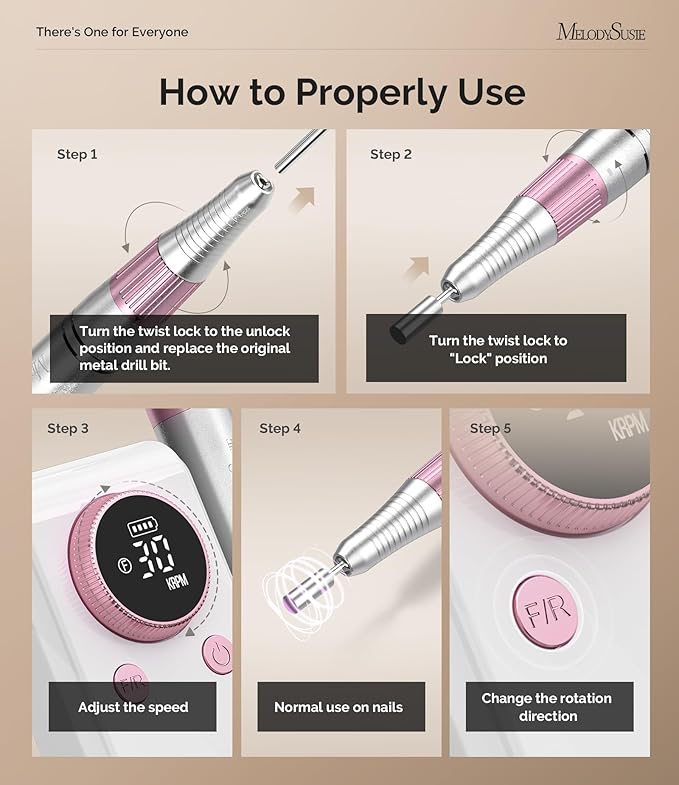 MelodySusie 2 in 1 Professional Nail Drill, 30000 RPM SC330G Electric Nail File with Kickstand for Gel Nails Polishing Removing, Portable Cordless Nail Efile for Manicure Pedicure at Home & Salon,Rose