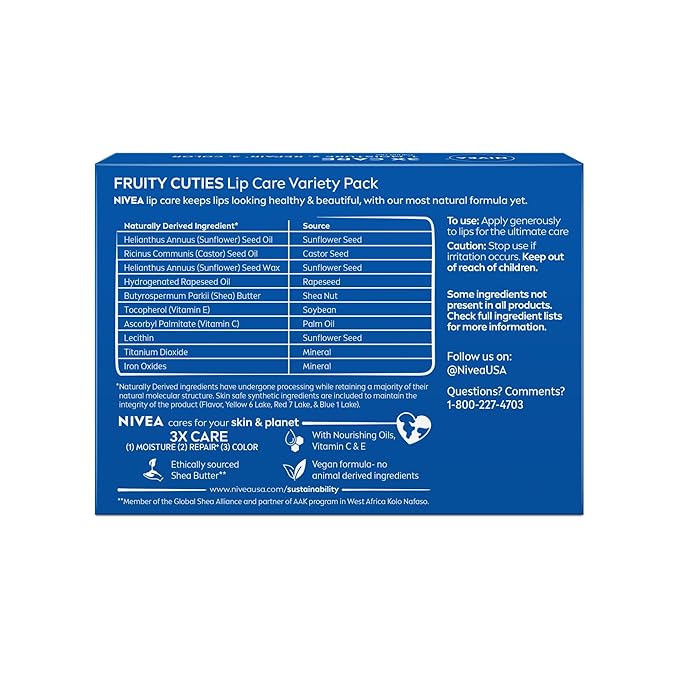 NIVEA Lip Care, Fruity Tinted Lip Balm Variety Pack, Cherry, Strawberry, Blackberry and Watermelon Flavors, 3-in-1 Moisture, Repair and Color, 0.17 Oz Stick, Pack of 4