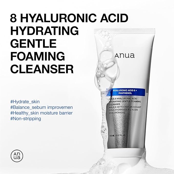 Anua Hydrating Gentle Foaming Cleanser, Hyaluronic Acid, Glycerin, Zinc, Panthenol, Korean Face Wash for Dry Skin, for Double Cleansing, Korean Skincare (150ml/5.07fl oz.)