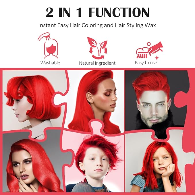 Red Temporary Hair Color Wax, Instant Natural Hairstyle Cream Dye, Washable Styling Pomades for Girls Women Youth, Disposable Coloring Mud for Party Cosplay DIY Halloween