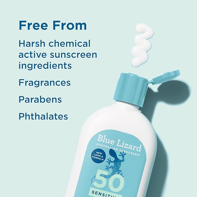 Blue Lizard SENSITIVE Mineral Sunscreen with Zinc Oxide, SPF 50+, Water Resistant, UVA/UVB Protection with Smart Bottle Technology - Fragrance Free, 8.75 oz. (Pack of 2)