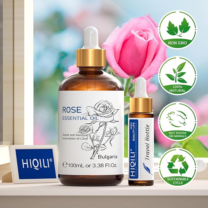 HIQILI 100ML Rose Essential Oil for Skin, Diffuser & Candle, 100% Pure and Natural - 3.38 Fl Oz