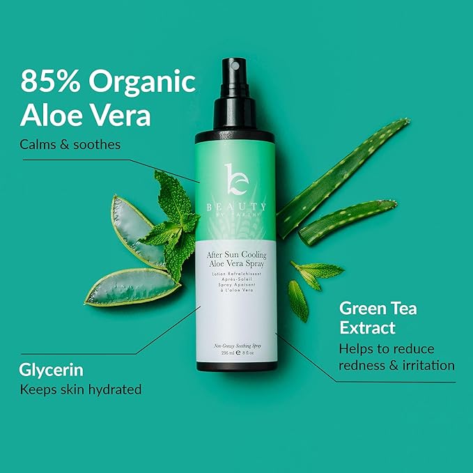 After Sun Cooling Aloe Vera Spray - USA Made With Organic Aloe Vera, Fast Absorbing After Sun Care for Sunburn Relief, Skin Cooling After Sun Spray, Sunburn Treatment Spray Lotion for Body