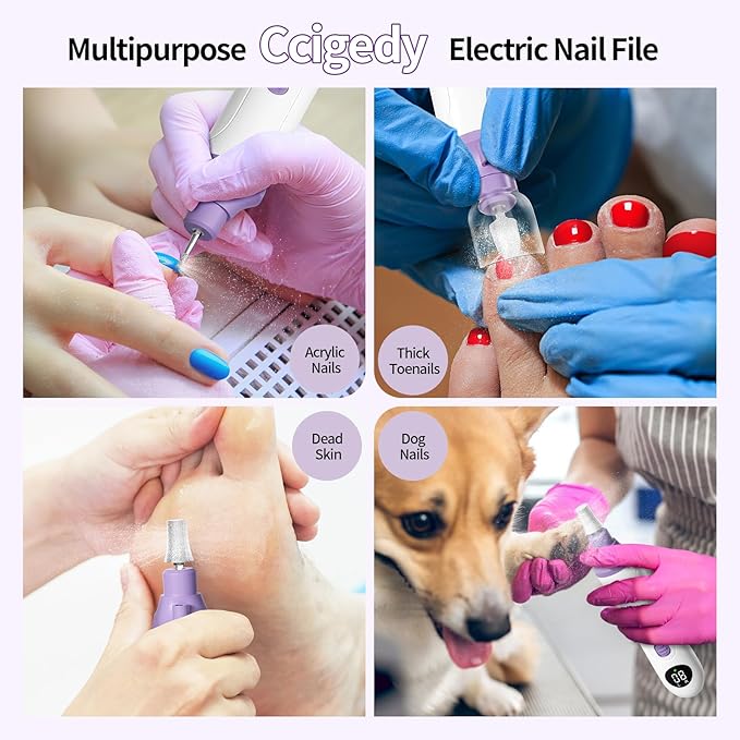 Professional Manicure Pedicure Electric Toenail Grinder Kit - Cordless Electric Nail File Set for Thick Nails Hand Feet Care ,15 Speed,Nail Drill with LED Display Ideal Gift for Men and Women-Purple
