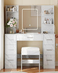 Vanity Desk with Mirror, Stool, Touch LED Light and Power Outlet Makeup Vanity Table with 7 Drawers and 6 Storage Shelves Dressing Table for Bedroom Dressing Room