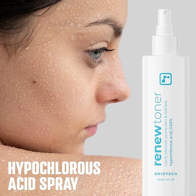 BRIOTECH Skin Renew Toner, Hypochlorous Acid Spray Topical Skin Spray for Face and Skin, Minimize Appearance of Blemishes, Soothing Mist for Redness & Bumps, 4 fl oz ea, 4 ct