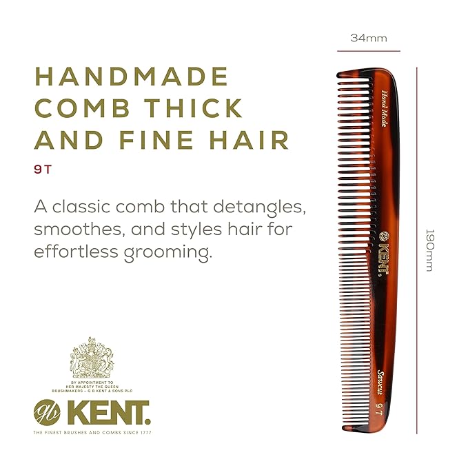 Kent 9T Tortoise Fine and Wide Tooth Comb Detangler - Large Handmade and Saw-Cut Dressing Combsw,for Wet and Dry, Hair Comb for Women and Durable Grooming Comb for Men Made in England