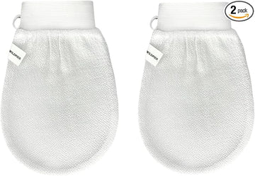 Wildpier Beauty Exfoliating Glove 2 Pack Mitt Body Scrub for Bath Shower Spa Hand Exfoliator Gloves, Dead Skin Cell Remover, Plant Based Deep Exfoliation Scrubber, White