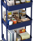 Sywhitta 3-Tier Plastic Rolling Utility Cart with Handle, Multi-Functional Storage Trolley for Office, Living Room, Kitchen, Movable Storage Organizer with Wheels, Blue