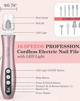PELCAS Electric Nail File, 10 Speeds Cordless Nail Drill Kit With LED Light, Professional Nail Grinder with LCD Screen Portable e file For Human, Pet, Thick Toenails, Natural & Acrylic Nails Pink