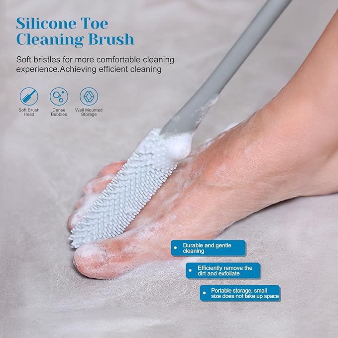 Inmorven Back Scrubber for Shower, 30" Double-Sided Back Brush with 15.7" Long Handle Toe Cleaning Brush, Silicone Foot Scrubber for Exfoliating and Massaging Feet