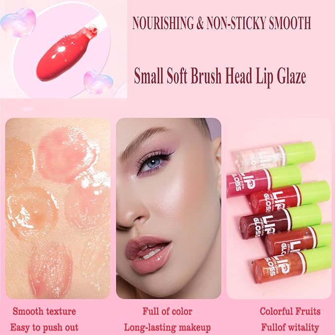 6PCS Fat Oil Lip Gloss Mini,Small Brush Head Hydrating Transparent Lip Glow Oil for Women Moisturizing Tinted Lip Plumper Gloss Longlasting Non-sticky