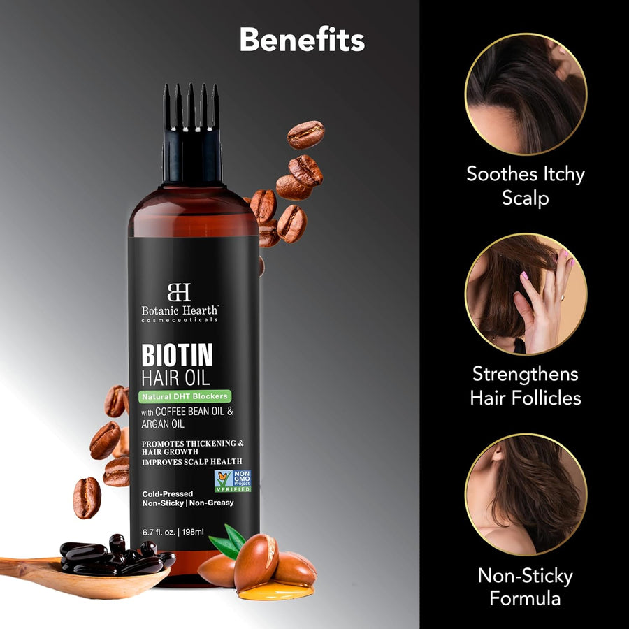Botanic Hearth Biotin Hair Oil For Hair Growth (6.7 Fl Oz) | Infused With Coffee Bean Oil & Argan Oil | Hair Strenghtening Treatment | Nourishing & Volumizing | Non Gmo Verified