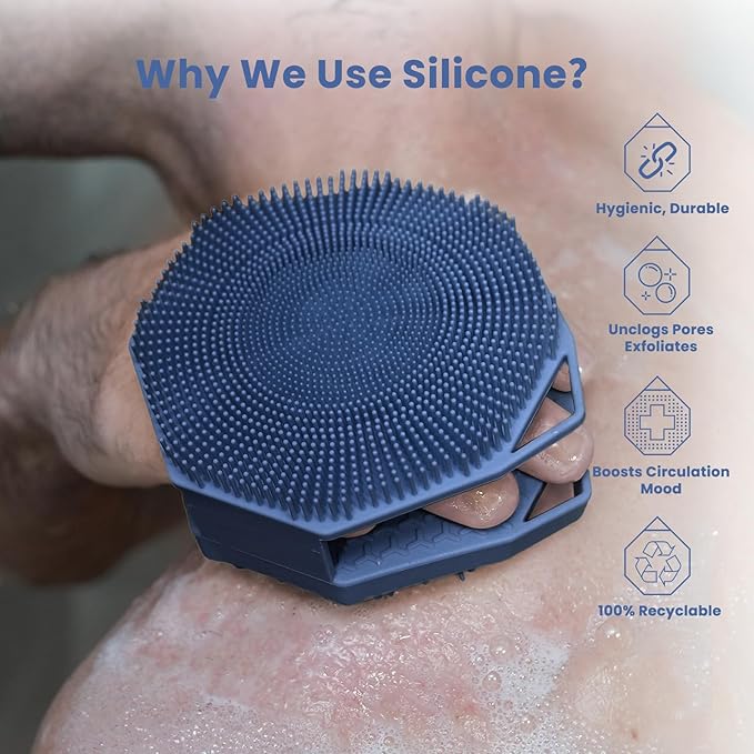 iTOKGOK® Premium 2-in-1 Silver-Infused Silicone Body Scrubber, Double-Sided Design Body Brush Silicone Body Scrubber Exfoliating Body Brushes for Sensitive Skin for Showering, Silicone Loofah - Blue