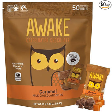 AWAKE - Caffeinated Chocolate Bites - Caramel Milk Chocolate, 50 Bites - 50mg Caffeine - Individually Wrapped Energy Bites - Coffee Alternative - Fairtrade, Gluten Free, Non GMO - 0.48oz