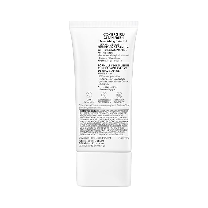 COVERGIRL Clean Fresh Nourishing Skin Tint, 560 Medium, Liquid Foundation, Dewy Finish, Infused with Coconut & Aloe, Vegan Formula