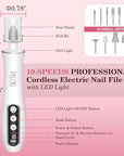 PELCAS Cordless Nail Drill, 10 Speeds Professional Electric Nail File with LED Light Portable Electric Toenail Files with LCD Screen for Thick Nails, Acrylic Nails, Polishing, Nail Art
