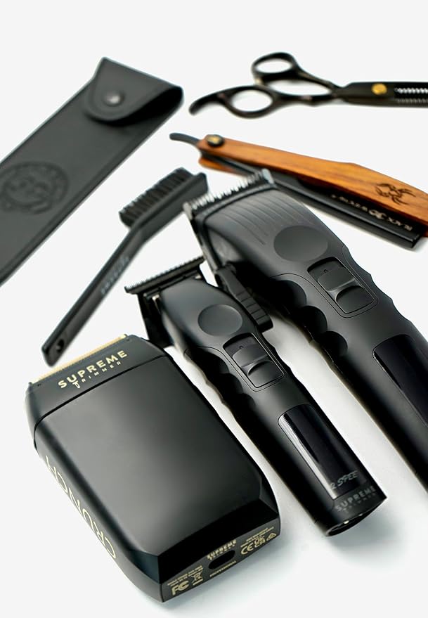 Supreme Trimmer 3-in-1 Barber Bundle | 2Spee Clipper, 2Spee Trimmer & Crunch Foil Shaver | Professional Beard Trimmer Men’s Hair Clipper Kit | (Black)
