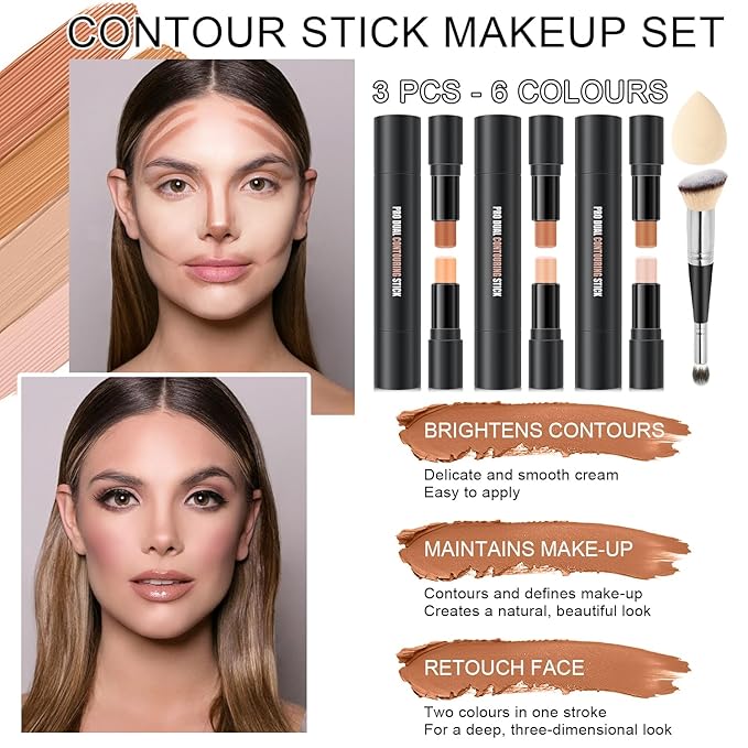 6 Colors Cream Contour Stick Makeup Kit, Primer Face Highlighter Contouring for Beginners, Highlight and Contour Kit, Cream Concealer Makeup Blush Stick, Primer Face Corrector (SET B)