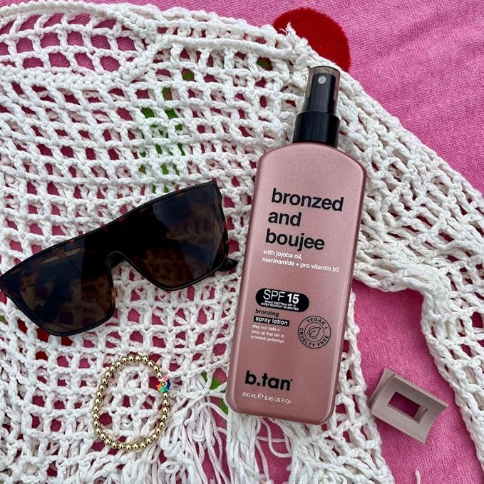 b.tan SPF 15 Sun Tanning Lotion Spray | Bronzed and Boujee - Outdoor Bronzing Spray Lotion, Packed with Jojoba Oil, Niacinamide, & Pro Vitamin B5, Vegan Friendly, Austrailian Brand, 8.45 Fl Oz