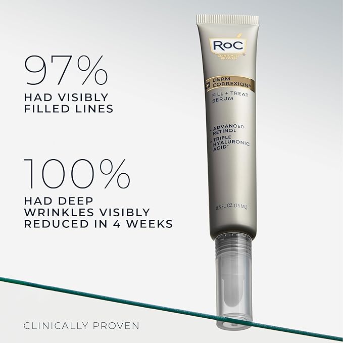 RoC Derm Correxion Fill + Treat Advanced Retinol Serum, Wrinkle Filler Treatment with Hyaluronic Acid for Crow's Feet, 11 Wrinkles, & Laugh Lines, (.5 fl oz) with Retinol Packette (Packaging May Vary)