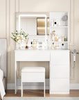 Makeup Vanity Desk with Lighted Mirror, Dressing Table Set with 4 Drawers, Power Outlet, Storage Stool, Storage Shelves, Vanity Mirror 3 Lighting Color Adjustable, Vanity Set for Bedroom, White