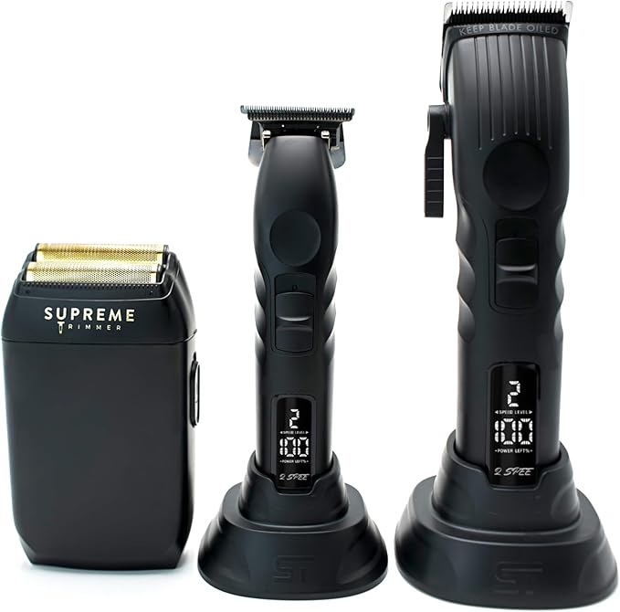 Supreme Trimmer 3-in-1 Barber Bundle | 2Spee Clipper, 2Spee Trimmer & Crunch Foil Shaver | Professional Beard Trimmer Men’s Hair Clipper Kit | (Black)