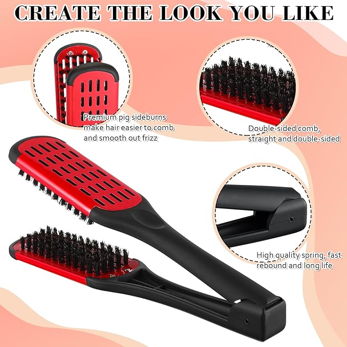 CHENGU 2 Pcs Straightening Comb For Hair, Boar Bristles Clamp Double Sided Brush Hair Straightening Brushes Comb Flat Iron Styling for Knotty Unkempt(Black, Red)