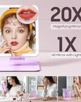 Benbilry Foldable Travel Makeup Mirror with Lights and 20X Magnification, Rechargeable Tabletop LED Vanity Mirror with Adjustable Stand, 3-Colored Dimmable Lighting, Portable Cosmetic Mirror, Purple