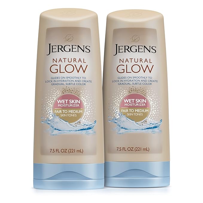 Jergens Natural Glow In Shower Lotion, Self Tanner for Fair to Medium Skin Tone, Sunless Tanning Wet Skin Lotion for Gradual, Flawless Color, 7.5 Ounce, Pack of 2
