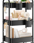 YASONIC 3 Tier Rolling Cart - Metal Utility Cart with Wheels, Hanging Cups, Hooks, Heavy Duty Mesh Rolling Storage Cart Organizer, Craft Cart for Kitchen Office, Lightweight and Sturdy