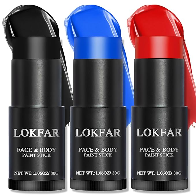Red & Blue & Black Face Body Paint Stick, Football Baseball Eye Black Stick for Sports, Professional Halloween Face Makeup Kit for Zombie Clown Vampire Joker Costume Makeup