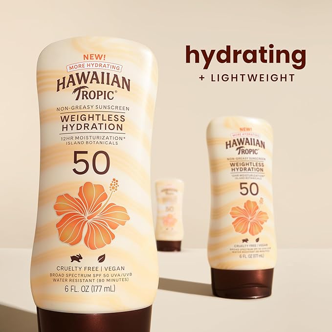 Hawaiian Tropic Weightless Hydration Lotion Sunscreen SPF 50, 6oz | Oil Free, Broad Spectrum, Oxybenzone Free, Body Sunscreen