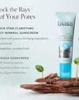 Bliss Block Star Clarifying Daily Mineral Sunscreen Broad Spectrum SPF 30, Blendable Pore Safe Formula for Blemish Prone Skin with Salicylic Acid and Witch Hazel, 1.4 Fl Oz