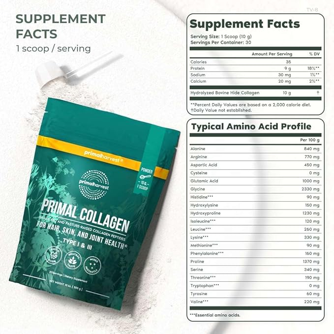 Primal Harvest Collagen Powder for Women or Men Primal Collagen Peptides Powder Type I & III, 10 Oz Collagen Protein Powder for Hair, Skin, Nails (Single, Original)