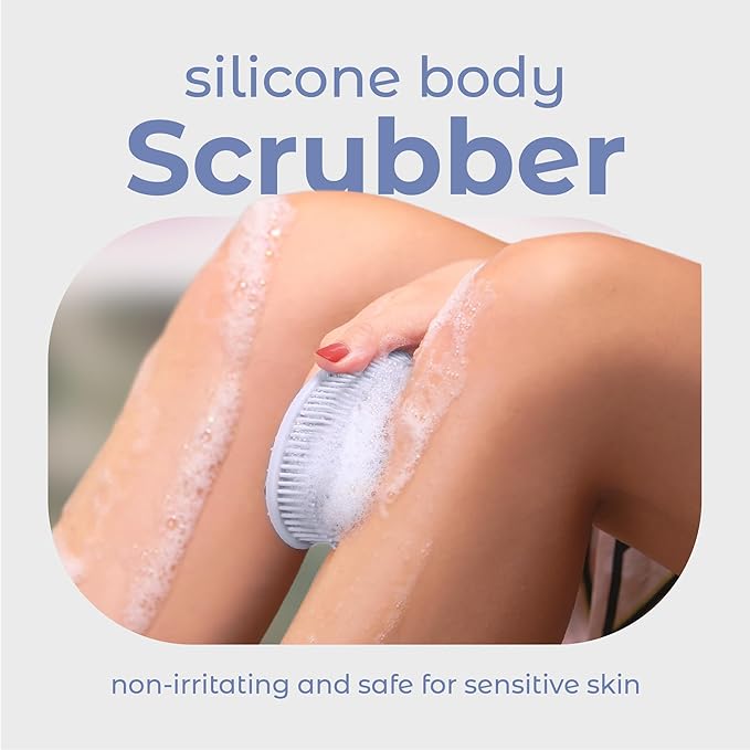 MainBasics Silicone Body Scrubber – Dual-Sided Shower Scrubber with Massage Nodes, Silicone Loofah Alternative for Deep Clean (Frosted Sky, Massage)