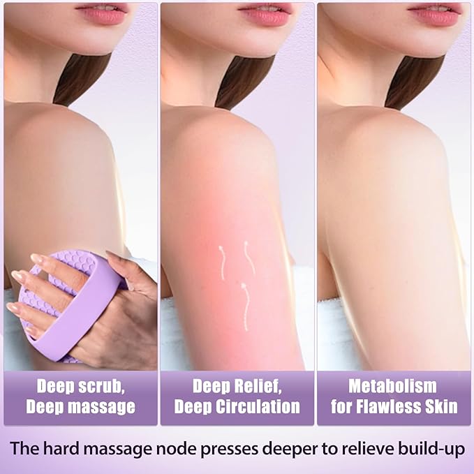 Lymphatic Drainage Silicone Body Scrubber for Shower - Exfoliating Silicone Loofah with Zinc Infused and Stiff Massage Nodes，for Improving Skin Health and Reduces Acne -Purple