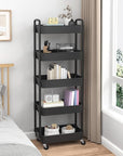 Sywhitta 5-Tier Plastic Rolling Utility Cart with Handle, Multi-Functional Storage Trolley for Office, Living Room, Kitchen, Movable Storage Organizer with Wheels, Black