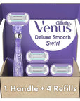Gillette Venus Deluxe Smooth Swirl Women's Razor Handle + 4 Blade Refills, Flexible Handle and Pivoting Head