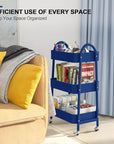 EAGMAK 3 Tier Utility Rolling Cart, Metal Storage Cart with Handle and Lockable Wheels, Multifunctional Storage Organizer Trolley with Mesh Baskets for Kitchen, Living Room, Office, Garage (Indigo)