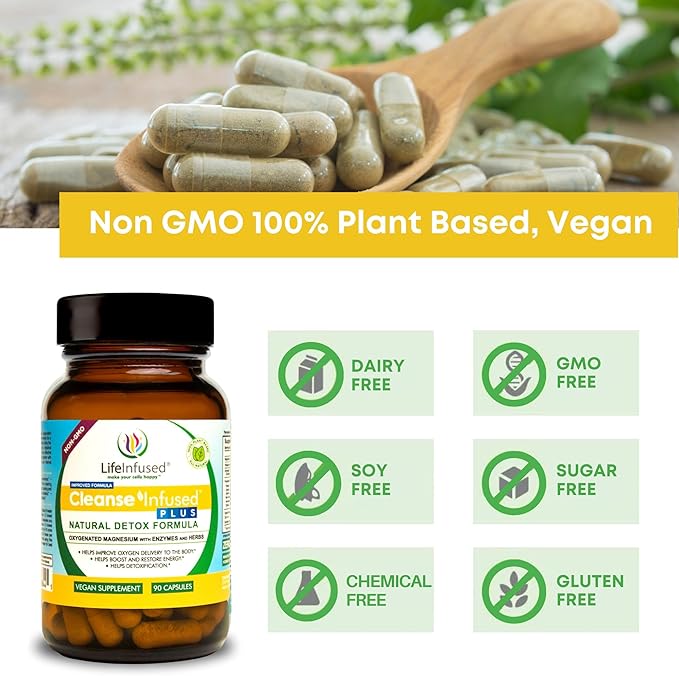 Life Infused Cleanse Infused Plus - Premium Natural Colon Cleanser with Oxygenated Magnesium, Herbs, and Enzymes, Helps Relieve Constipation Gently, Detoxifies Blood, Colon, Liver & Kidneys (90 Caps)