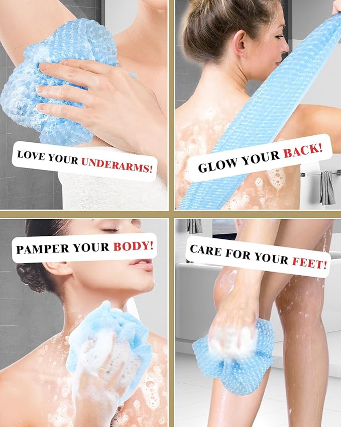 3D Wave Weave Japanese Exfoliating Washcloth, Long Exfoliating Back Scrubber for Shower, Hygienic Body Scrub Towel, Korean Style, Aqua (Normal)