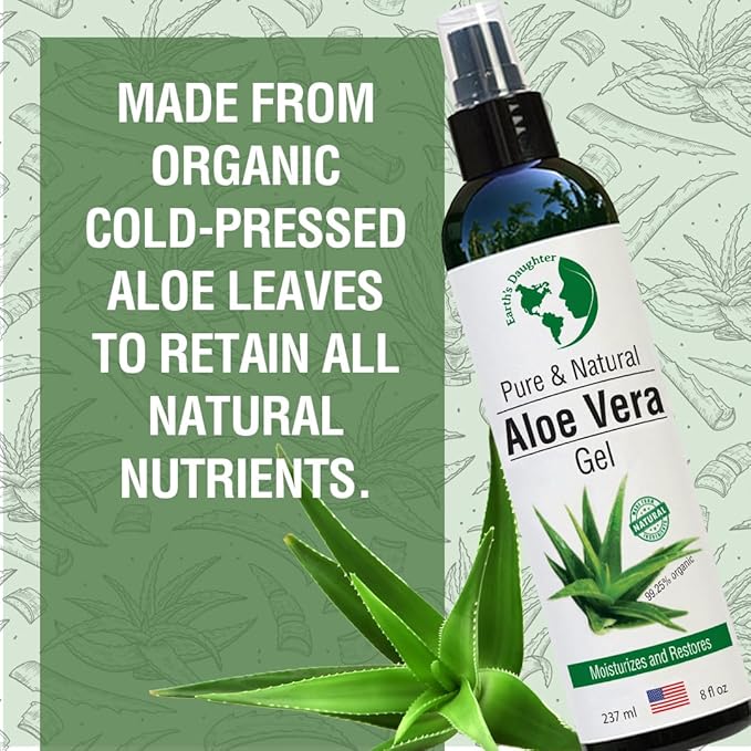 Earth’s Daughter Organic Aloe Vera Gel from Fresh Cut 100% Pure Organic Aloe leaves – Fast Absorbing for Face, Skin, Hair & Body – Vegan, Unscented, Natural - 8 Oz USA Made
